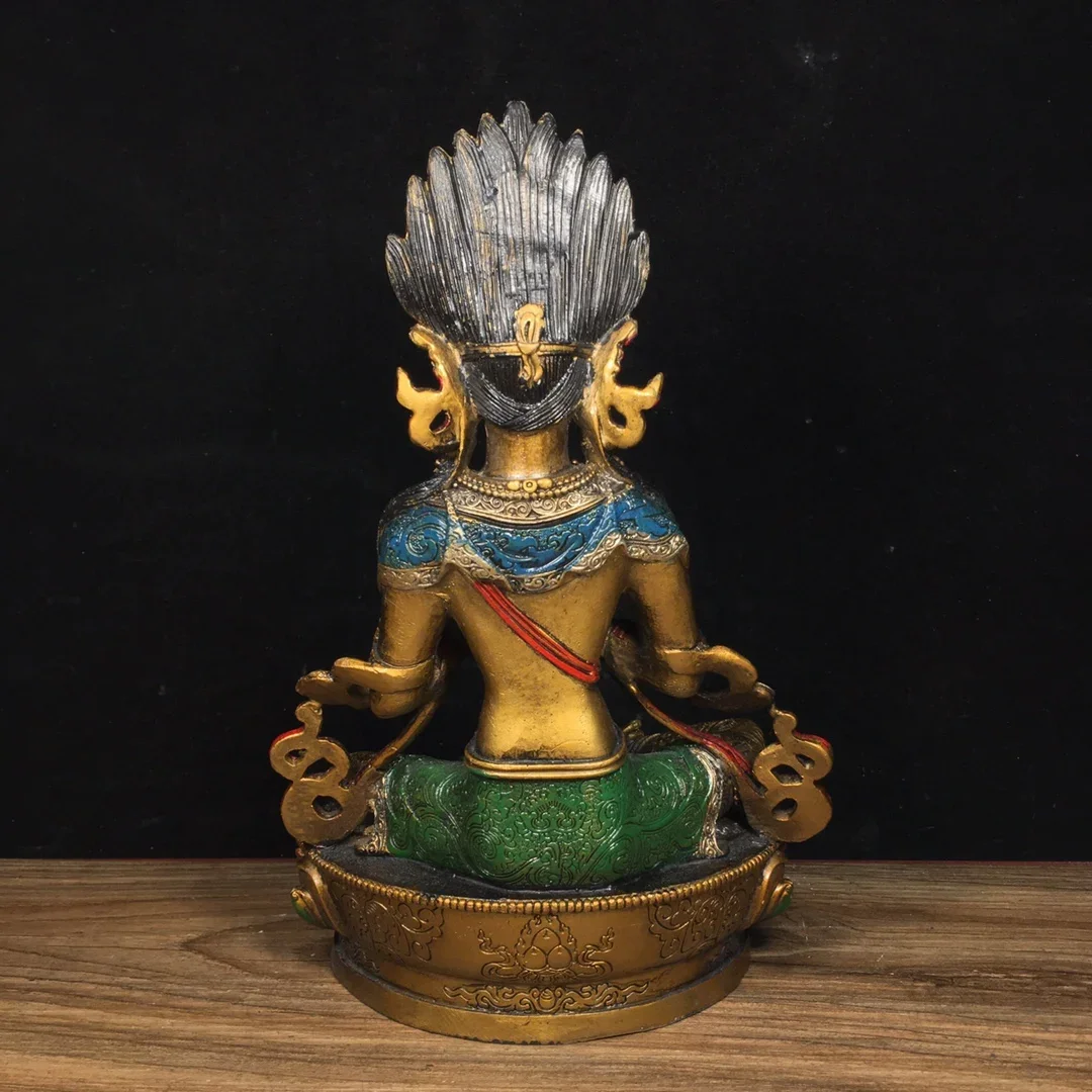 Ancient Chinese Refined Pure Copper Painted Green Tara Buddha with Exquisite Crafts Statue