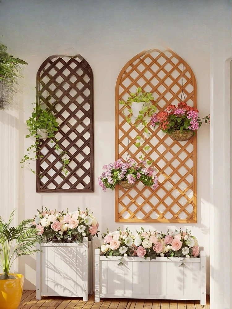 Outdoor Balcony Wall-mounted Grid Preservative Wood Flower Stand No Punching Indoor Rose Plant Solid Wood Climbing Vine Stand