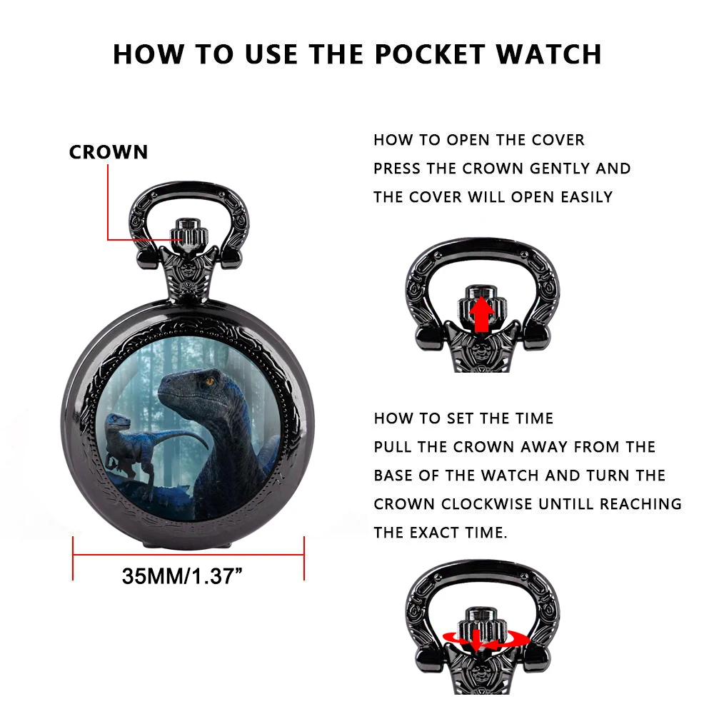 Prehistoric Dino Park Glass Cover Quartz Pocket Watch With Heavy-Duty Chain Arabic Numeral Display Great Halloween Presents