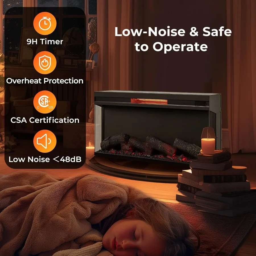 36 Inch 3-Sided Electric Fireplace with 1500W Heating Power Recessed Fireplace Insert Featuring 7-Color Flame Effects Adjustabl