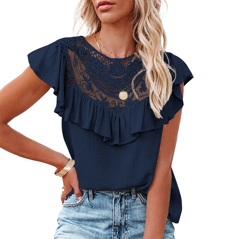 

Women's Clothing 2023 Fashion New Ruffled Round Neck Lace Stitching Vest Chiffon Shirt Casual Commuter All-match Bottoming Shirt