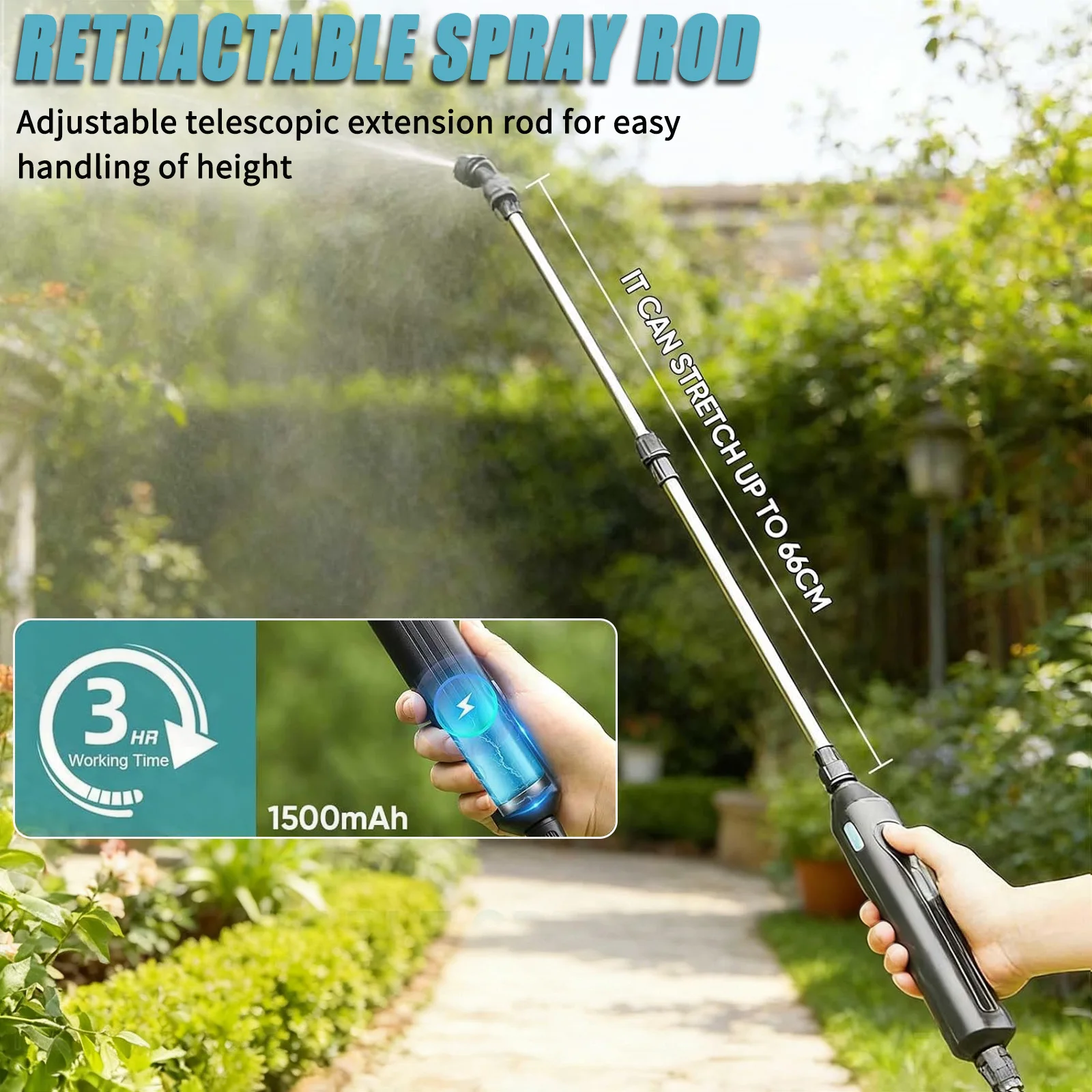1500 mAh elektrisches Gartensprüher, tragbares USB‑C Gartengerät mit 3 Sprühdüsen, 3M Schlauch für Pflanzenbewässerung Autowäsche – Detail 4
