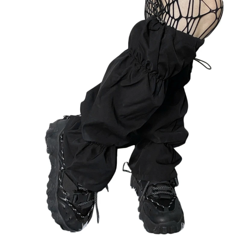 ผู้หญิงญี่ปุ่นสาวถุงเท้ายาวลูกวัว Gothic Punk Ruched Drawstring สีดำขาอุ่น Harajuku Street Layering เท้า