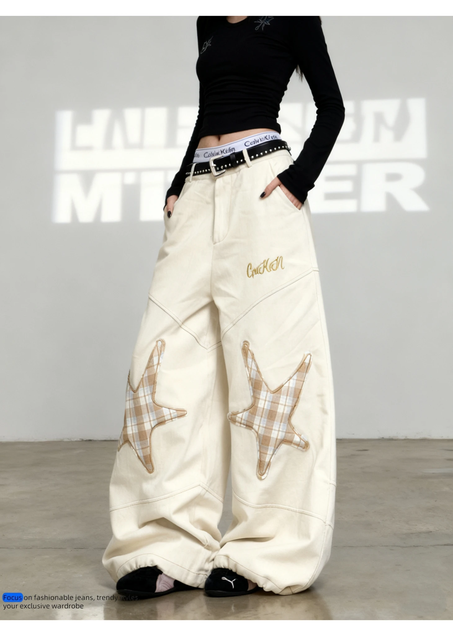 

CHIC Korean Patches Stars Quilted Curved Design Baggy Women's Wide Leg Jeans Y2K Harajuku Hip Hop Goth Casual Joker Man Trousers