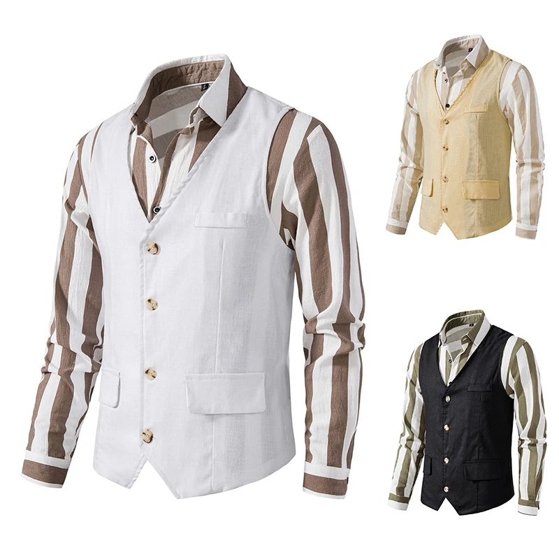 

Men's Suit Vest White Single Breasted Cotton Linen Mens Vest Waistcoat Jacket Slim Fit Casual Formal Business