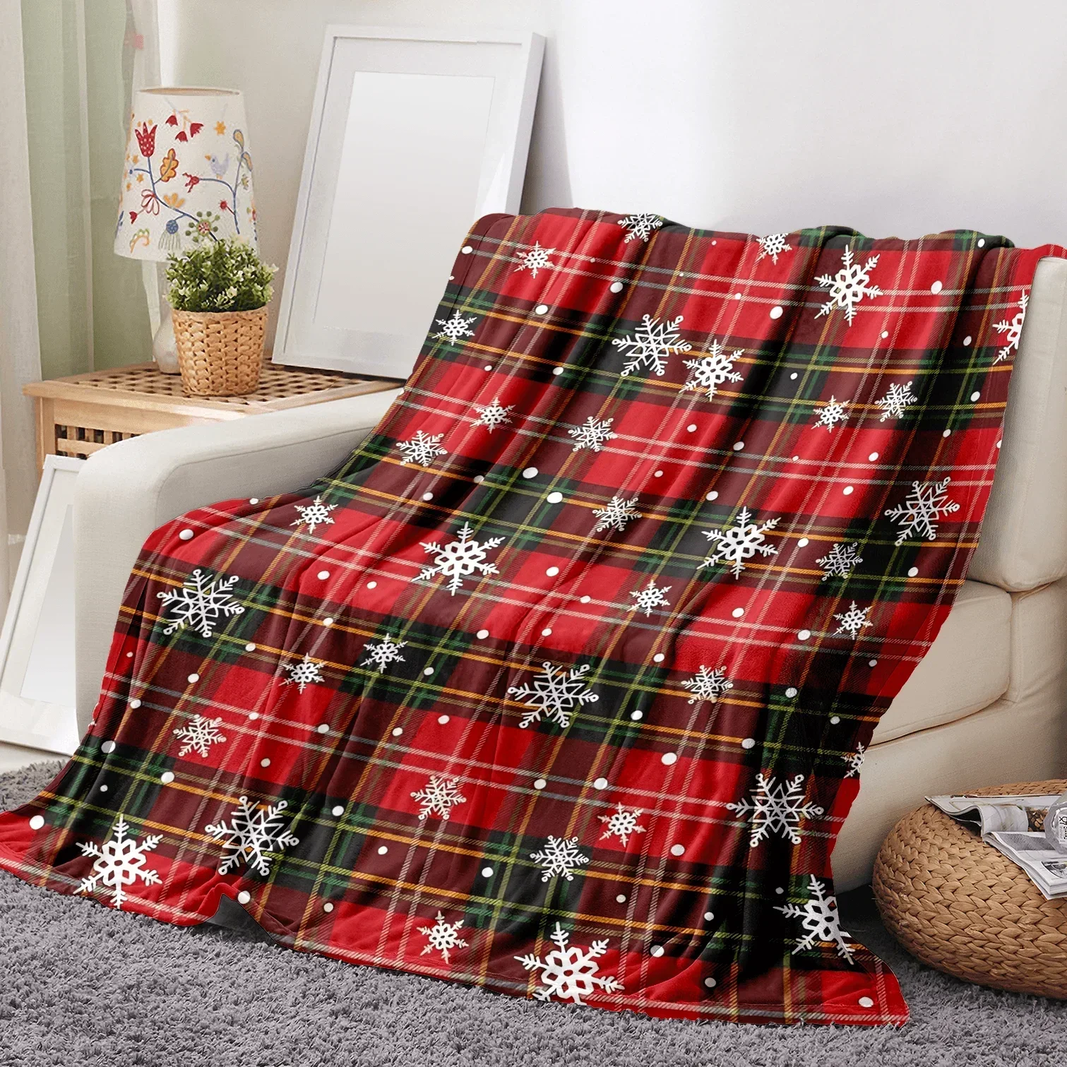 Christmas Red Green Buffalo Plaid Check Flannel Throw Thin Blanket Xmas Snowflake Birthday Gifts Holiday Soft Blankets For Bed