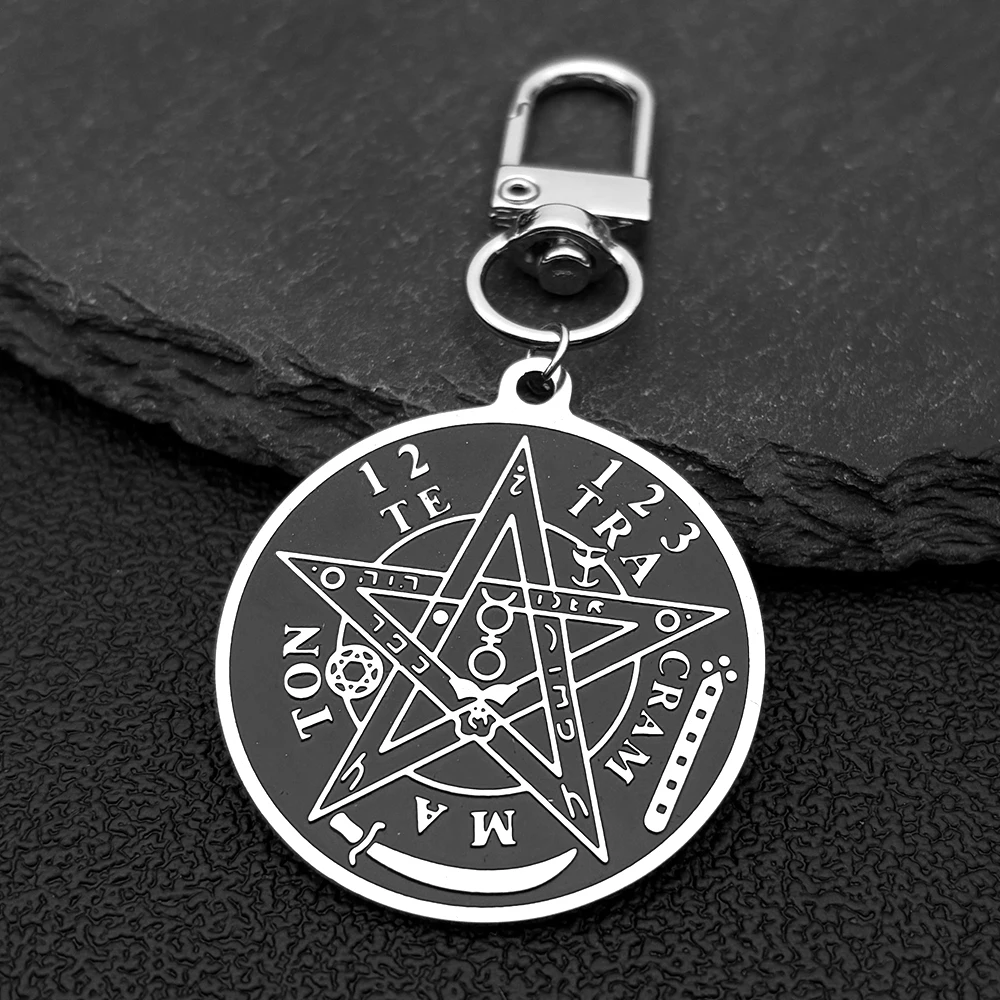 السحر القوطية الظلام الخماسي حامل المفاتيح الفولاذ المقاوم للصدأ الأصلي Tetragrammaton سليمان تميمة كيرينغ المجوهرات