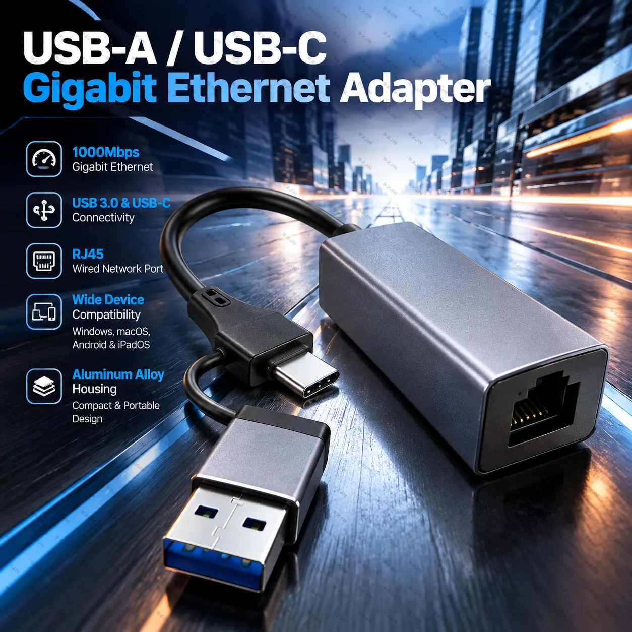 USB 3.0 Type C to RJ45 Gigabit Ethernet Adapter 1000Mbps Aluminum Alloy Wired LAN Network Card for Laptop Tablet Phone