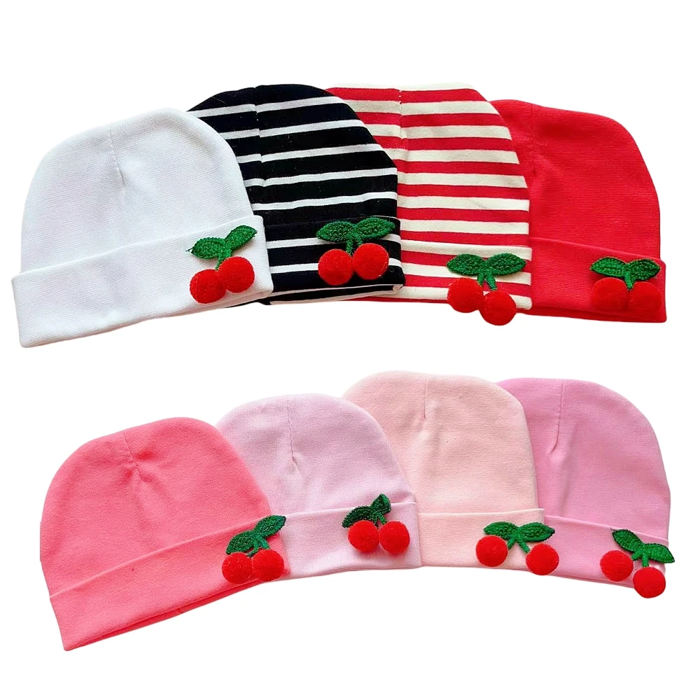 New Born Baby Boy Hats Embroidered Cherry Cotton Baby Girls Hats Cartoon 0-6Months Unisex Soft Solid Color Infant Accessories