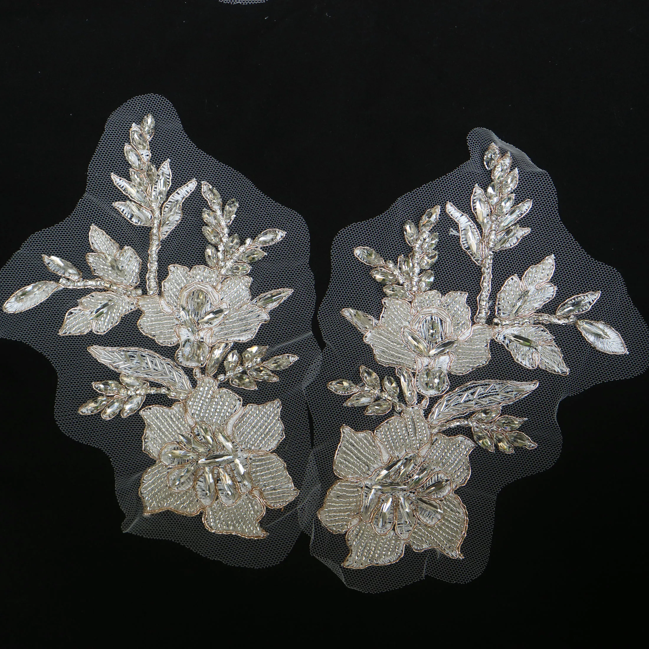2 Stück/Paar Luxuriöse Glas-Strass-Perlen-Applikationen für Kleidung, DIY-Applikationen zum Aufnähen, Blumenapplikationen für Hochzeitskleider, Stickerei – Detail 7
