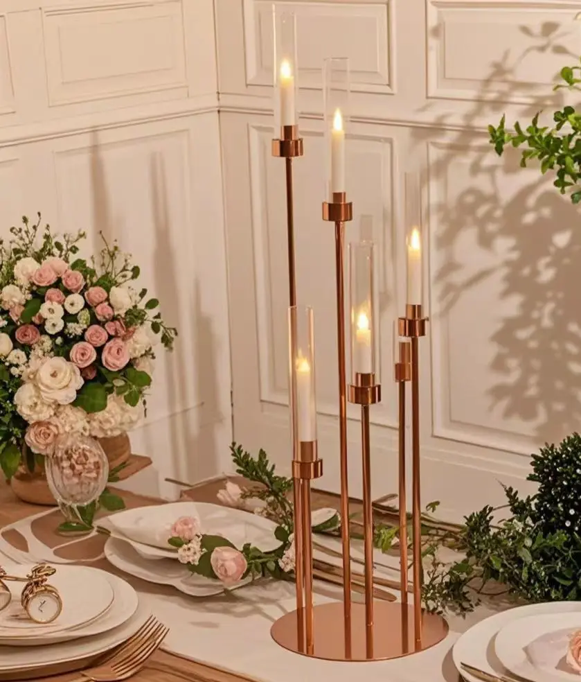 

Stunning 6 - Arms Metal Floor Candelabra with Acrylic Lampshade - Exquisite Table Candle Holder & Centerpiece for Weddings