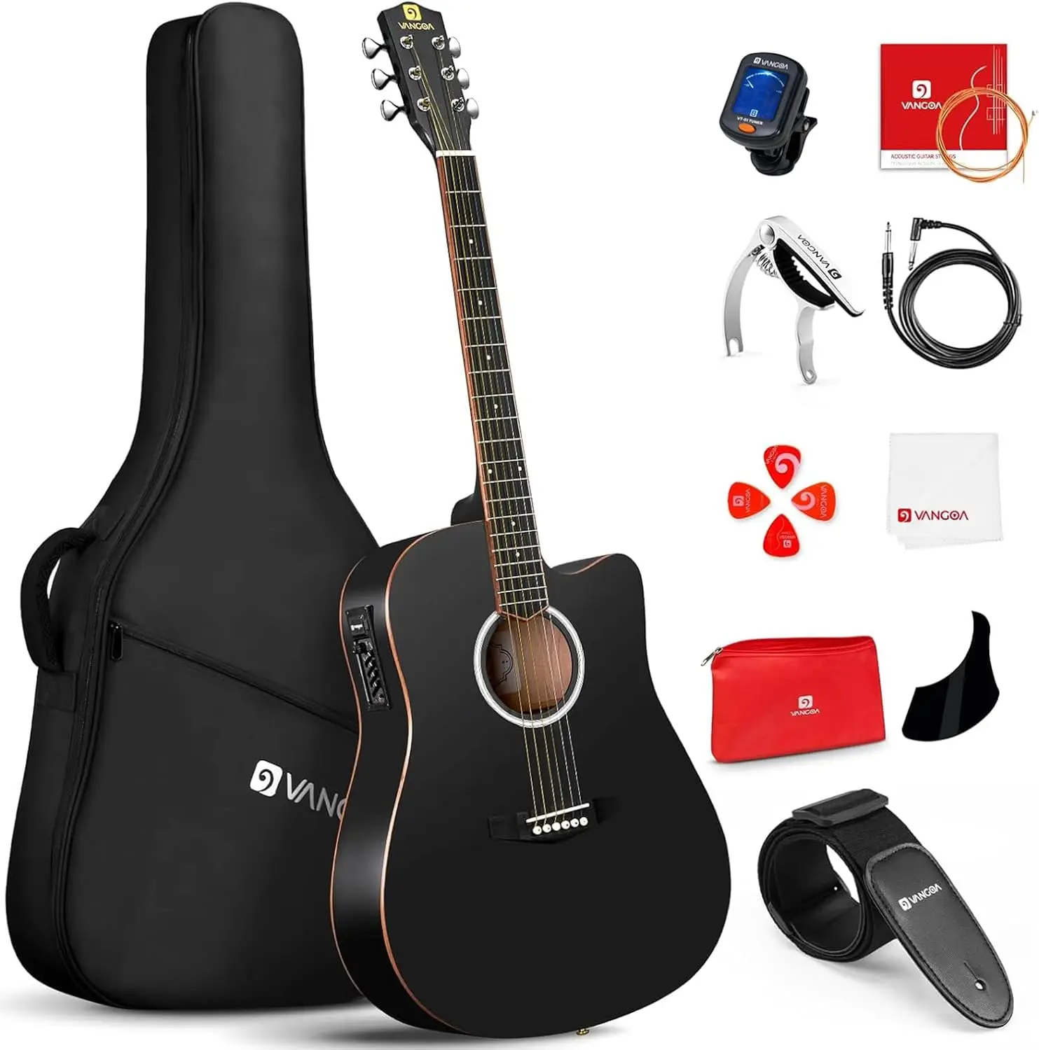 Full Size Cutaway Acoustic Electric Guitar Bundle with Built-in Pickups, Wooden Bindings, Upgraded Starter Kit in Matte Black