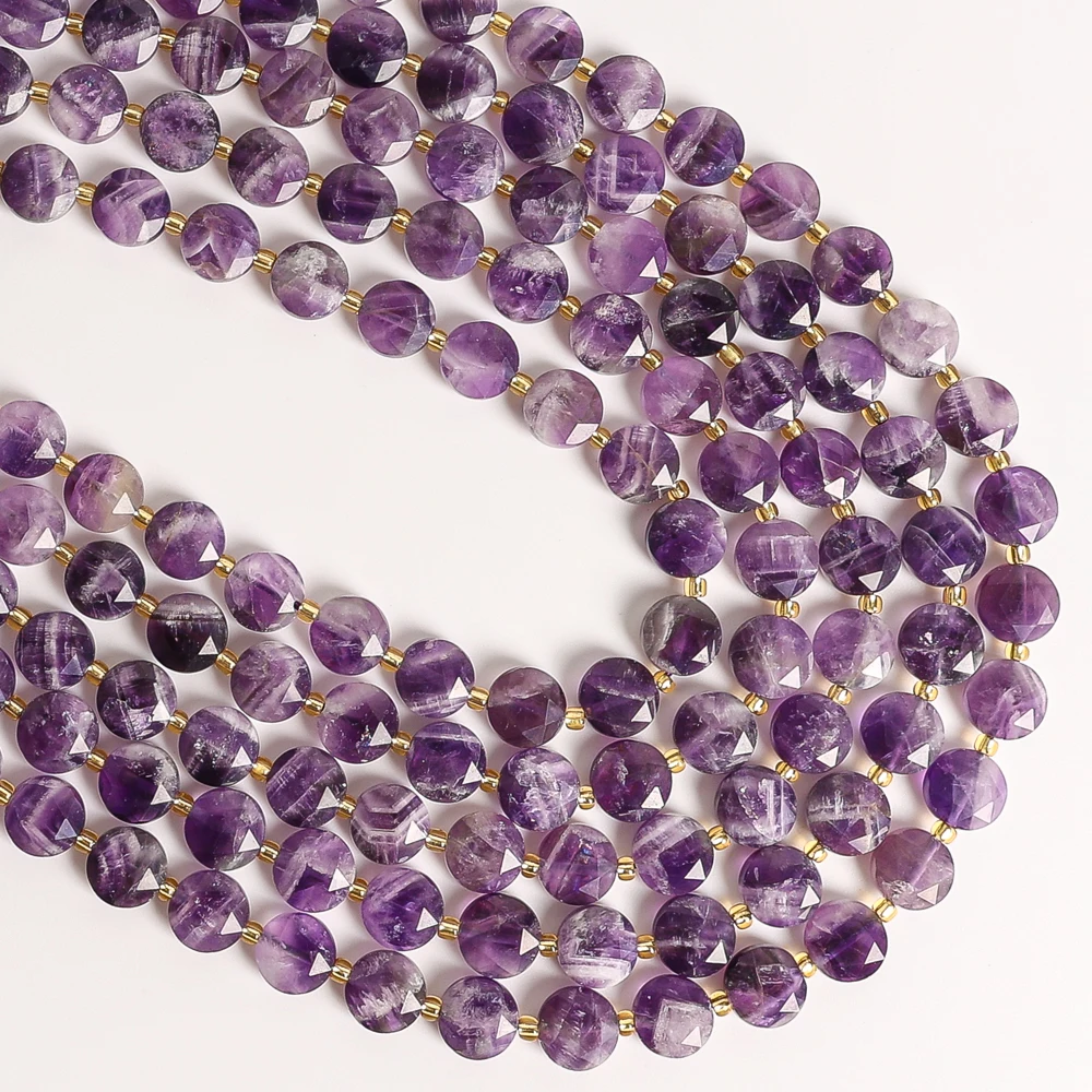 8MM 10MM NATURAL CHEVRON AMETHYST FACETED COIN BEADS PURPLE LOOSE BEADS FOR JEWELRY MAKING DIY BRACELET NECKLACE NATURAL TEXTURE