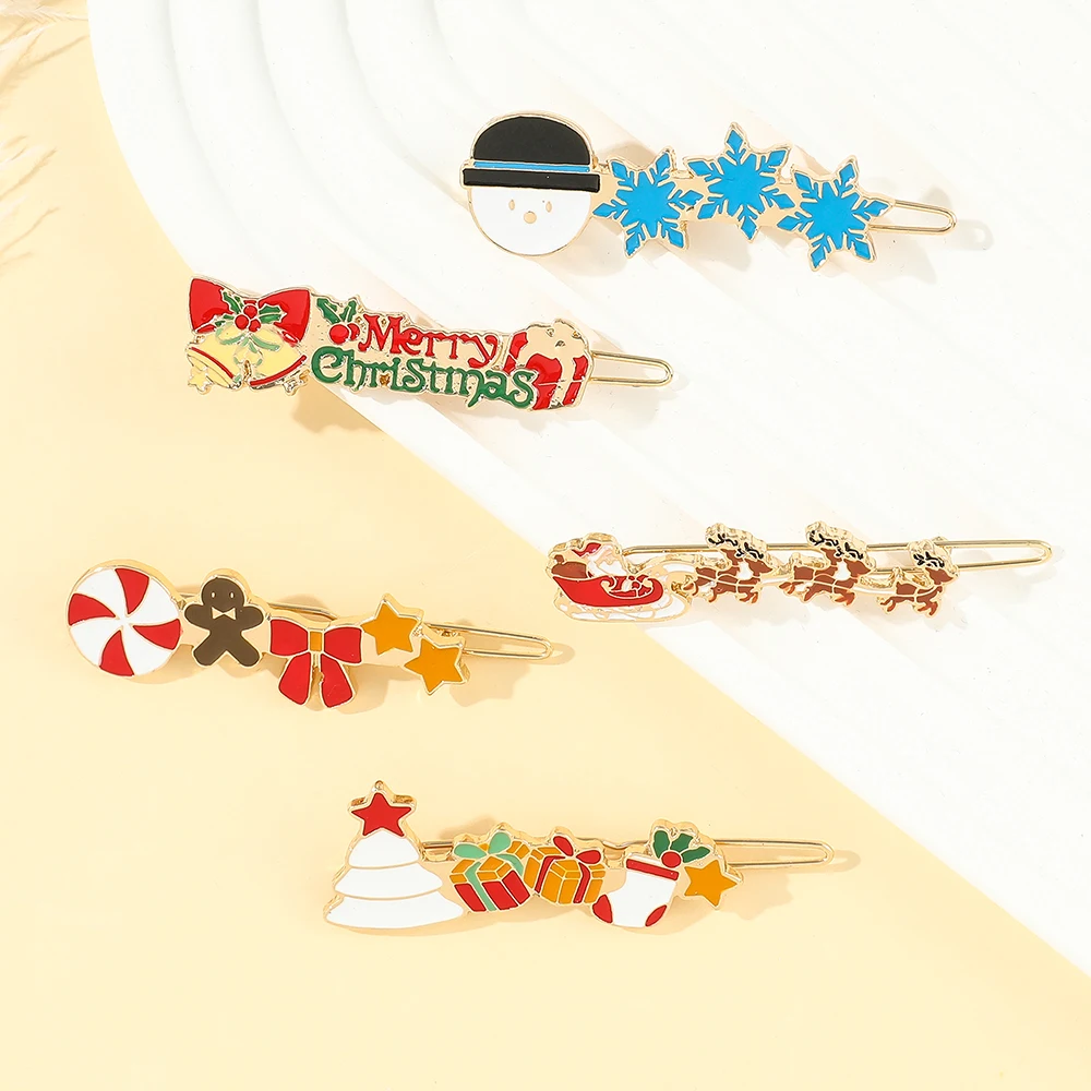 Christmas Sleigh Bell Hairpins Xmas Snowman Sled Badge Enamel Hair Clip Cute Christmas Hair Accessories New Year Jewelry Gifts