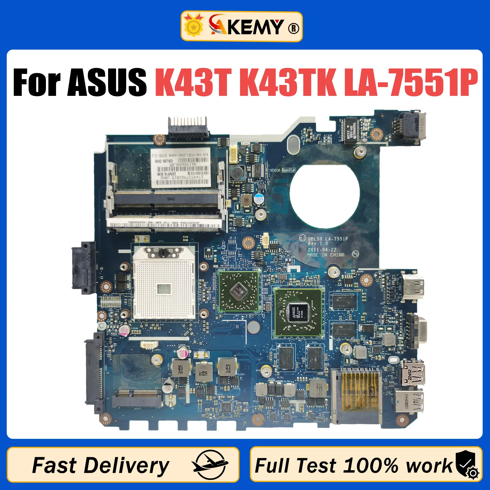 AKEMY K43TK Mainboard For Asus K43TA LA-7551P X43T K43T K43TA Laptop Motherboard 100% Tested Working