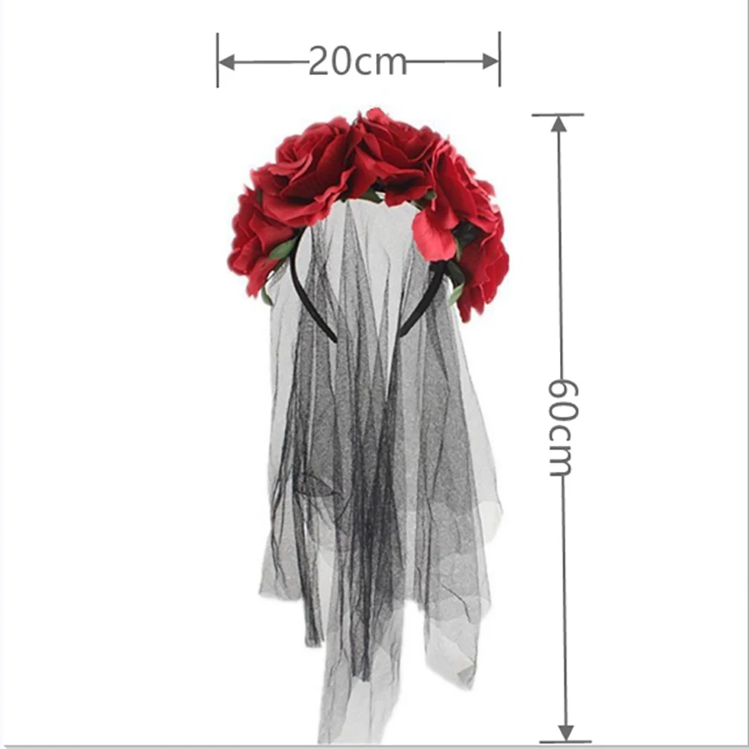 1Pc Day Of Dead Headband Bride Lace Veil Corpse Fancy Dress Halloween Costume Party Headpiece Women Black Red Rose Flower Crown