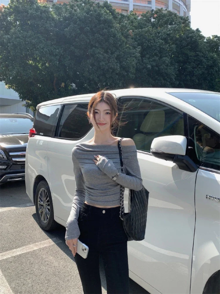 Women Off Shoulder Clothing 2024 Woman T-shirt Skinny Tall Offer Free Grey Top for Shipping XQ34
