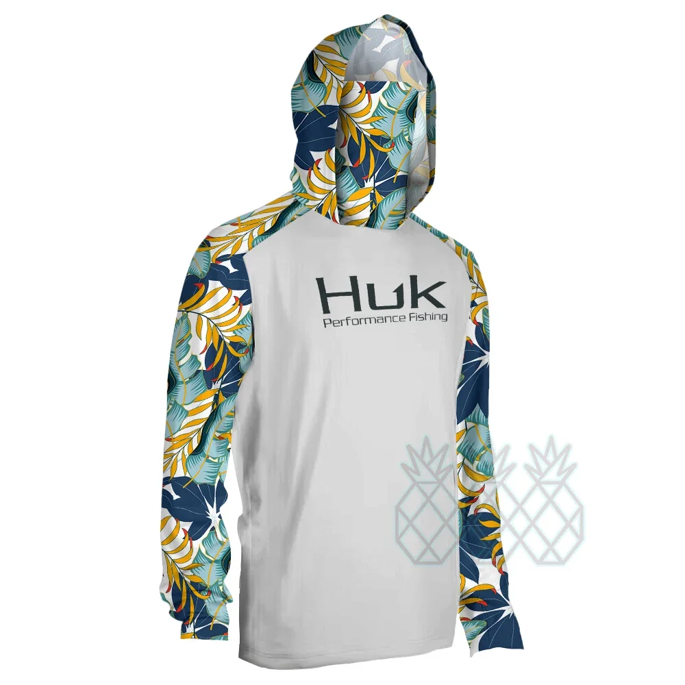 HUK Men\'s Long Sleeve Fishing Hoodie Shirts With Mask UV Neck Gaiter Fishing Tops Outdoor Breathable Performance Angling Clothes