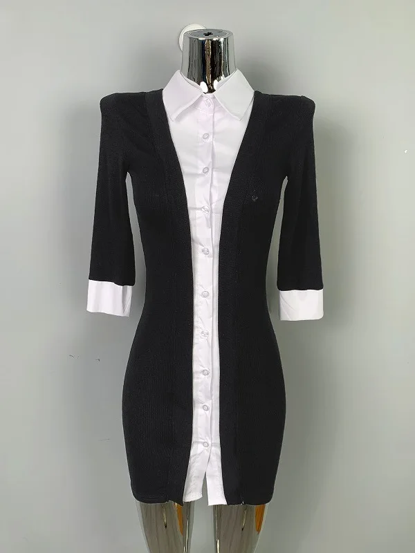 Jesienno-zimowa wersja koreańska nowa koszulka polo z klapami jednorzędowa fałszywa dwuczęściowa kolorowa kopertowa sukienka z krótkim rękawem D679