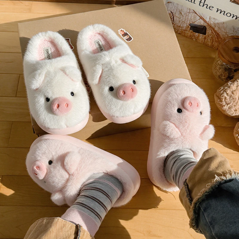 Winter-Plüsch-Hausschuhe für Damen, Cartoon-Schwein-Tier-Design, flauschige Plateauschuhe, Mädchen-Mules, flauschige Pelz-Slides für den Innenbereich, weiche Sohle, rutschfest, warm. – Detail 3