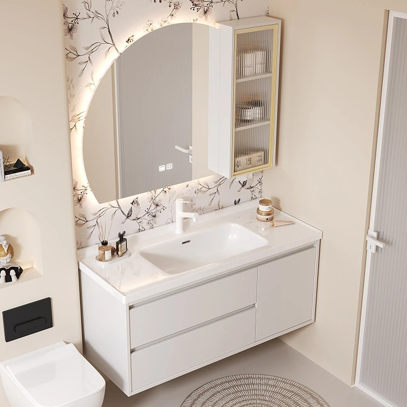 

Cream Wind Smart Bathroom Cabinet Wood Ceramic Combination Mirror Cabinet Integrated Basin Hand mobile da bagno home furniture