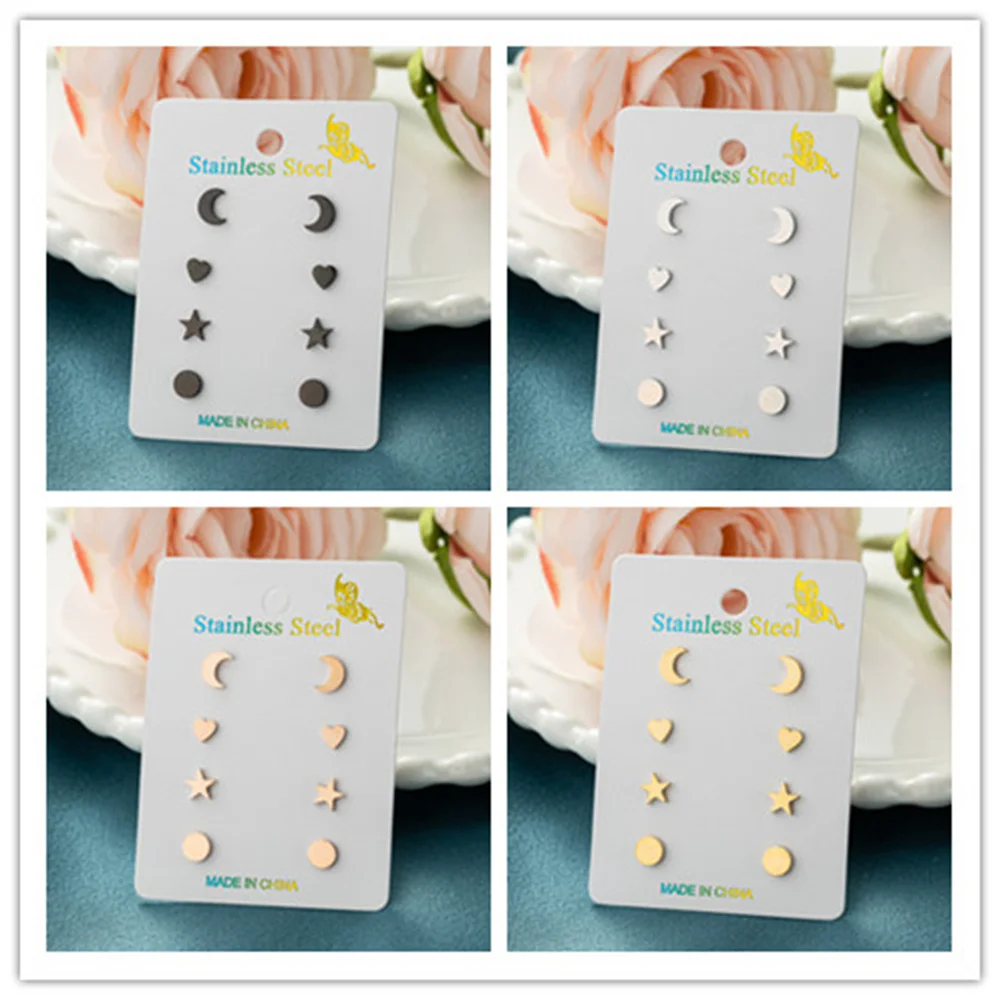 4Pair/Lot Card Set Star Moon Geometric Earring For Women Stainless Steel Cartilage Earrings Simple Trendy Party Jewelry Gifts