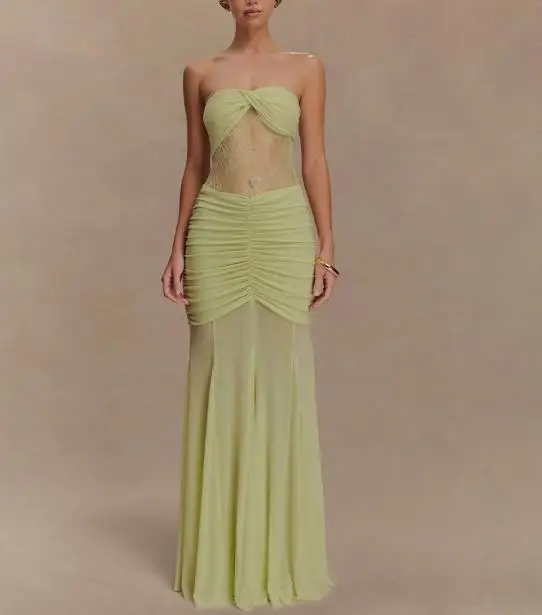 

Women Dresses 2026 Summer New Fashion Lace Patchwork Sleeveless Strapless Sexy Spicy Girl Pleated Slim Fit Temperament Dress