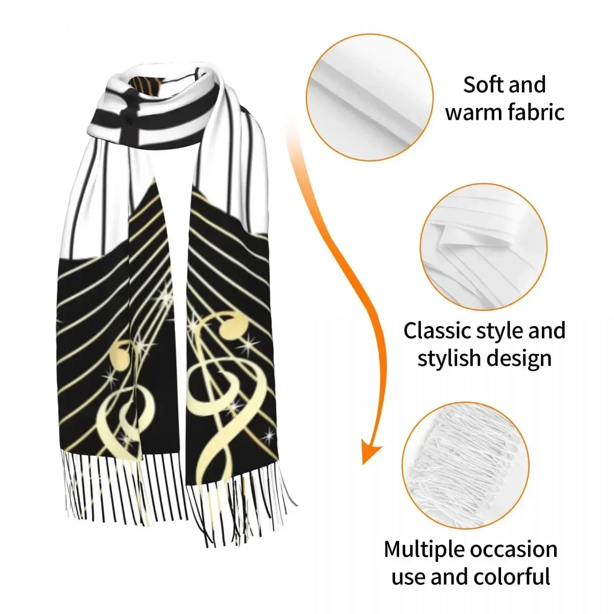 Lenço de notas musicais de piano inverno longo grande borla cachecóis envoltório macio pashmina