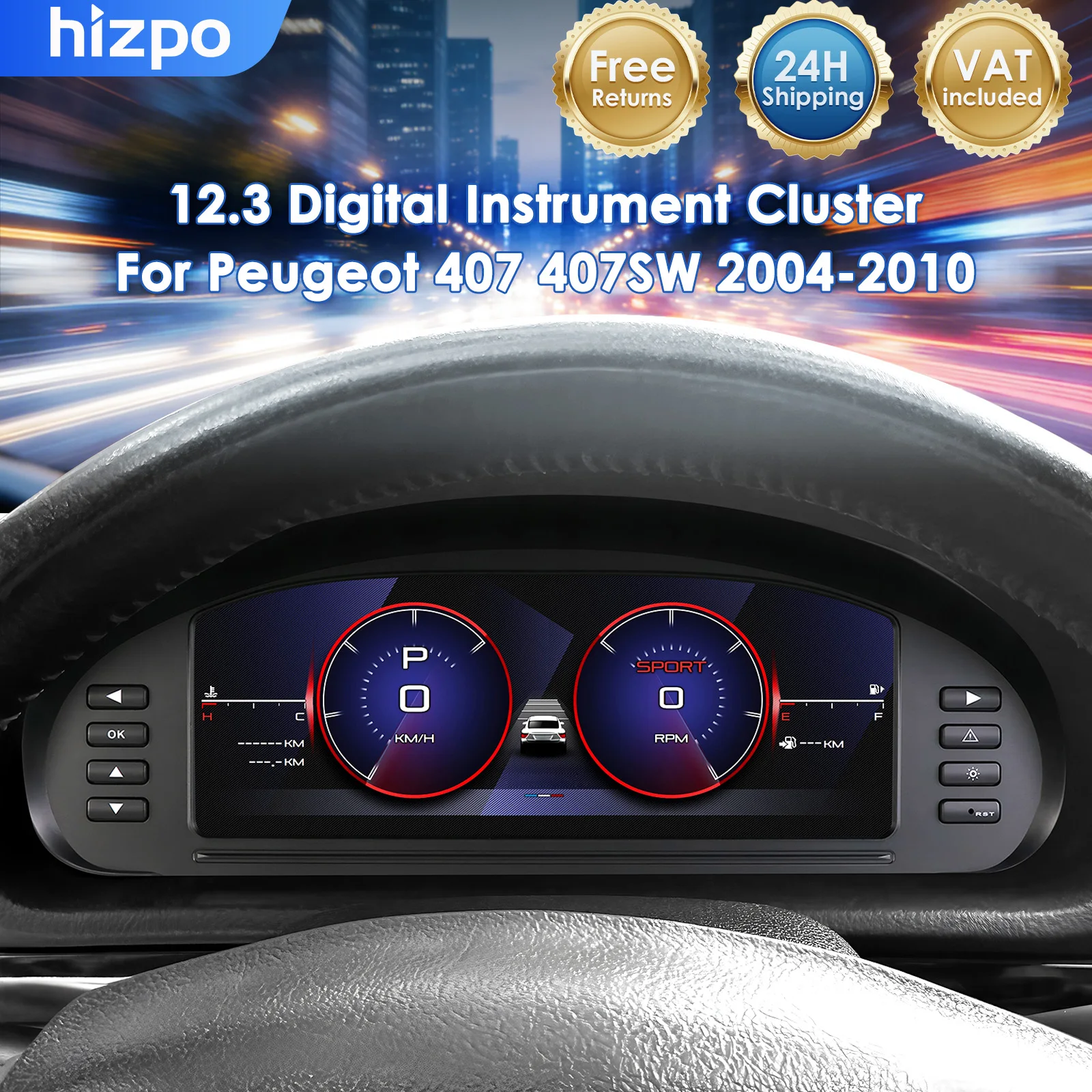 Hizpo Digitaal Dashboard Cluster voor Peugeot 407 407SW 2004 - 2010 Snelheidsmeter Virtuele Cockpit LCD Instrumentenpaneel Toerenteller Kilometerteller