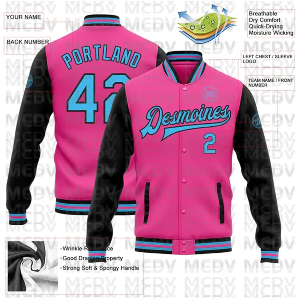 Custom Pink Sky Blue-Black Bomber Full-Snap Varsity Letterman Two Tone Jacket