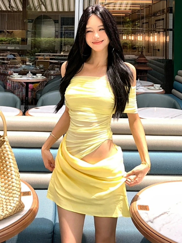 RORORIRI Desire 쉬어 메쉬 컷 아웃 미니 드레스 여성 원 숄더 Pleated 솔리드 슬림 스트레치 Bodycon Dress 여름 휴가 의류