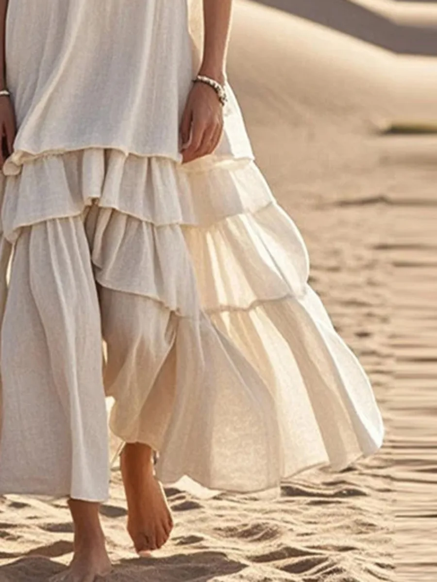 Retro Solid Cotton Linen Pleated Long Dress Woman Spring Fashion V Neck Loose Maxi Dress Summer Sleeveless Tank Boho Beach ZSA8