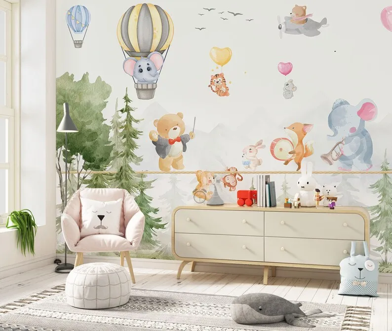 Kids Wallpaper, Flying Animals Hot Air Balloon Child Room Wallpaper, Forest Nursery Mural, Peel and Stick Forest Pine Tree Wall