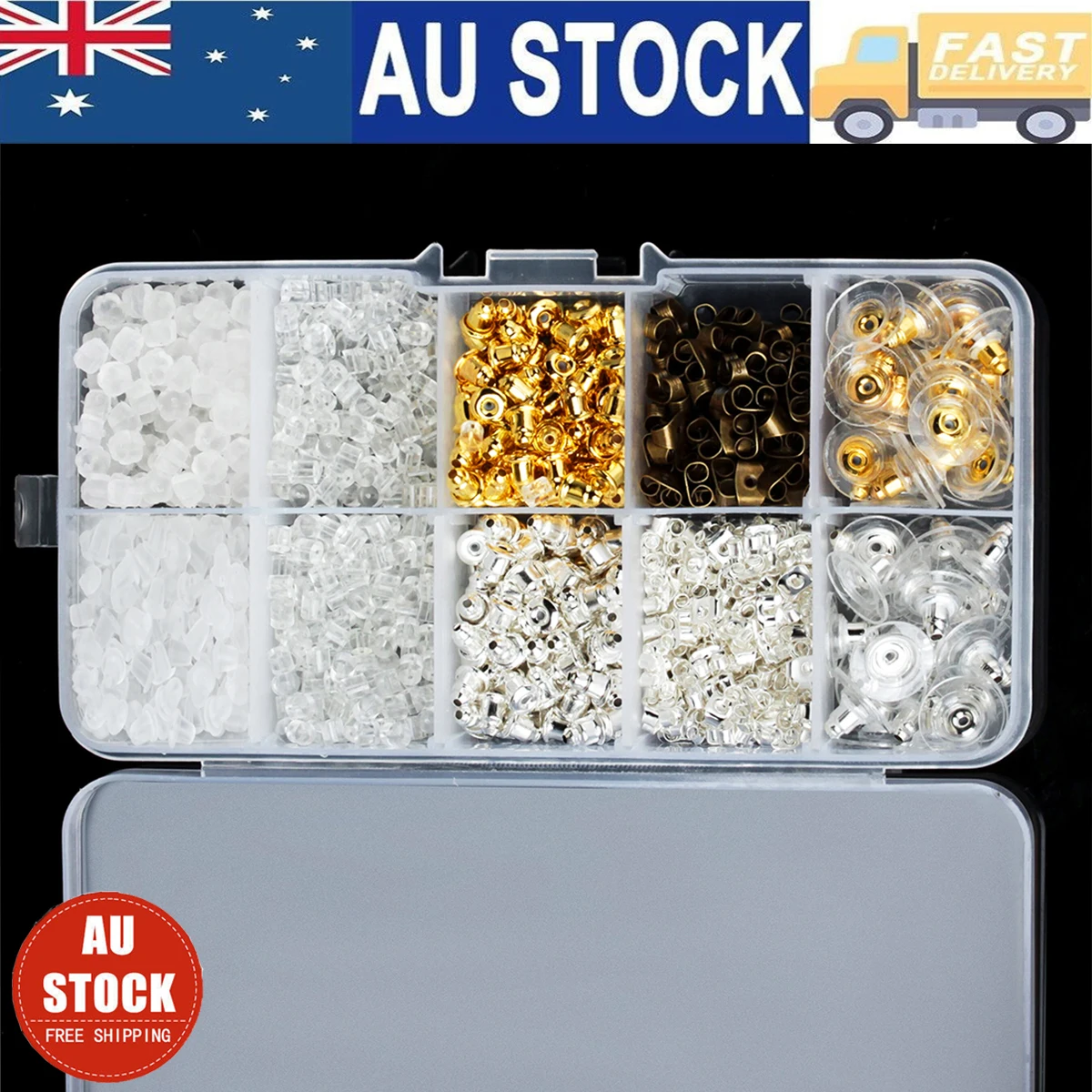 

1040pcs Earring Backings Assorted Shapes Colors Metal Silicone Anti Allergic Jewelry Making Storage Box for Ear