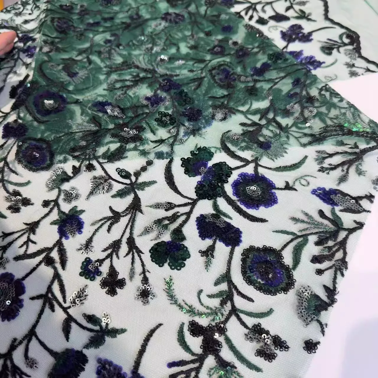 

1yard New soft mesh fabric Sequin flower embroidery tela Wedding Dress cheongsam diy sewing fabric