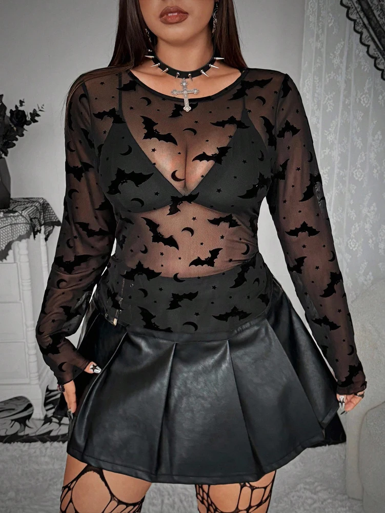 Talla grande Bat oscuro flocado flor tejido elástico talla grande Tops de mujer semitransparente cuello redondo manga larga