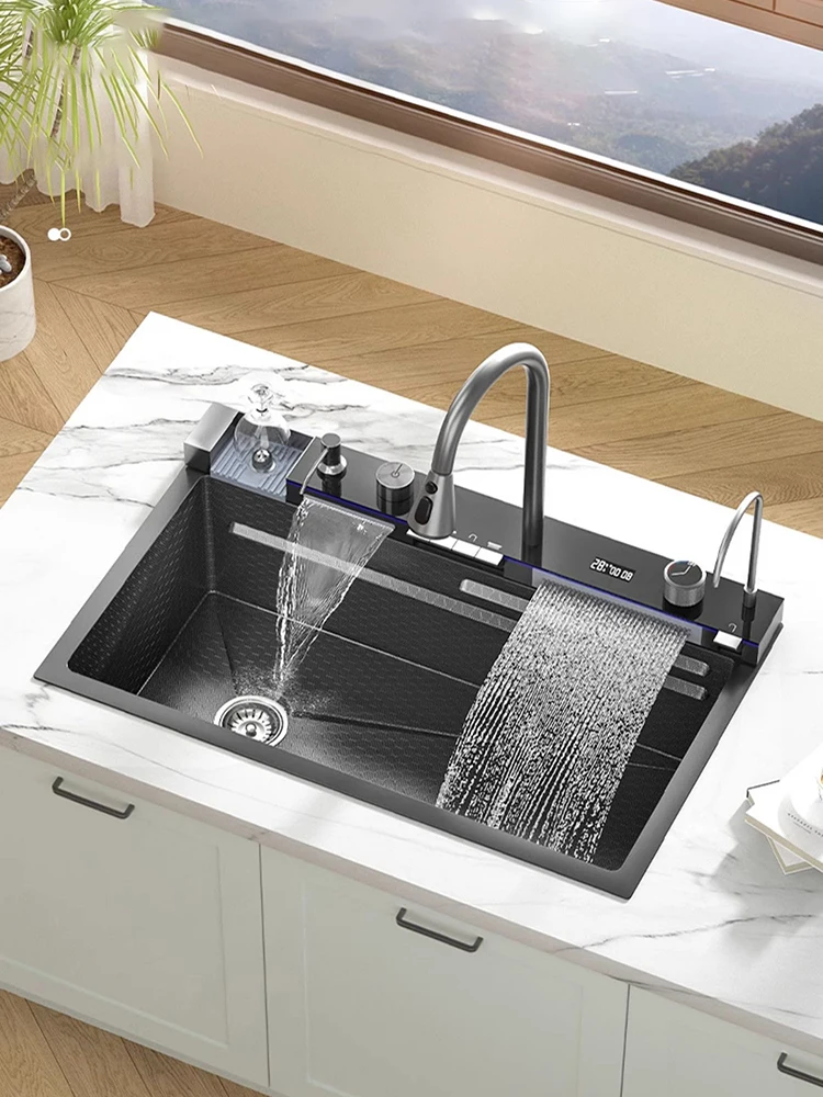 

Double Waterfall Sink Stainless Steel Kitchen Sink Embossed Large Single Slot Ambient light digital display Wash Basin