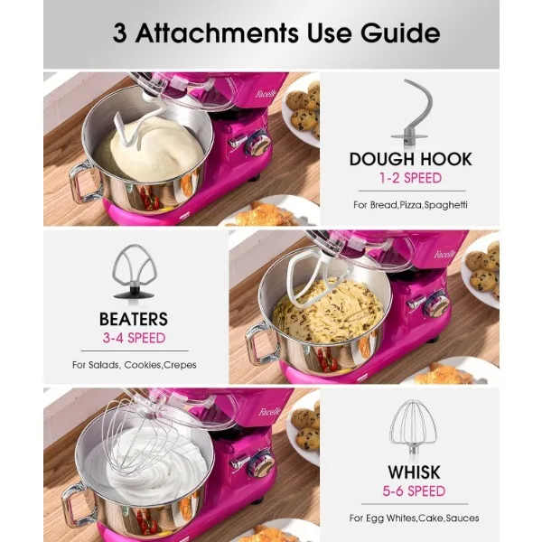 Facelle Stand Mixer, 660W 6 Speed Electric Kitchen Mixer with Pulse Button, Attachments include 6.5QT Bowl, Dishwasher Safe