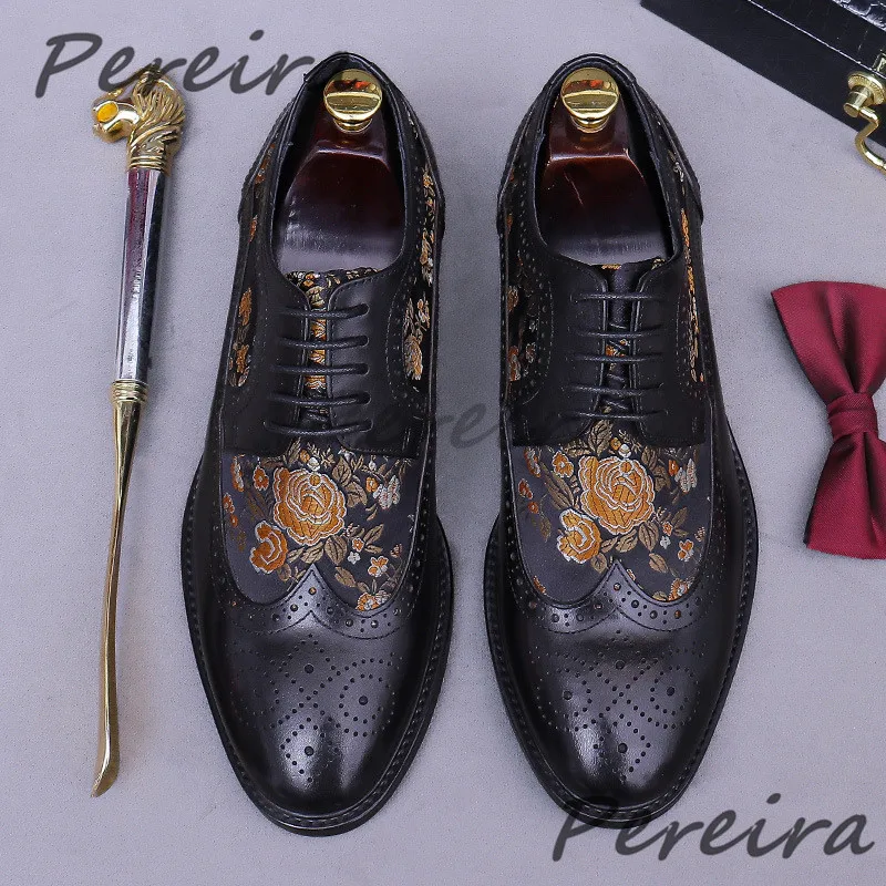

Flower Embroidered Mixed Colors Derby Shoes for Men Retro Pointy Toe Genuine Leather Lace Up Business Handmade Formal Shoes