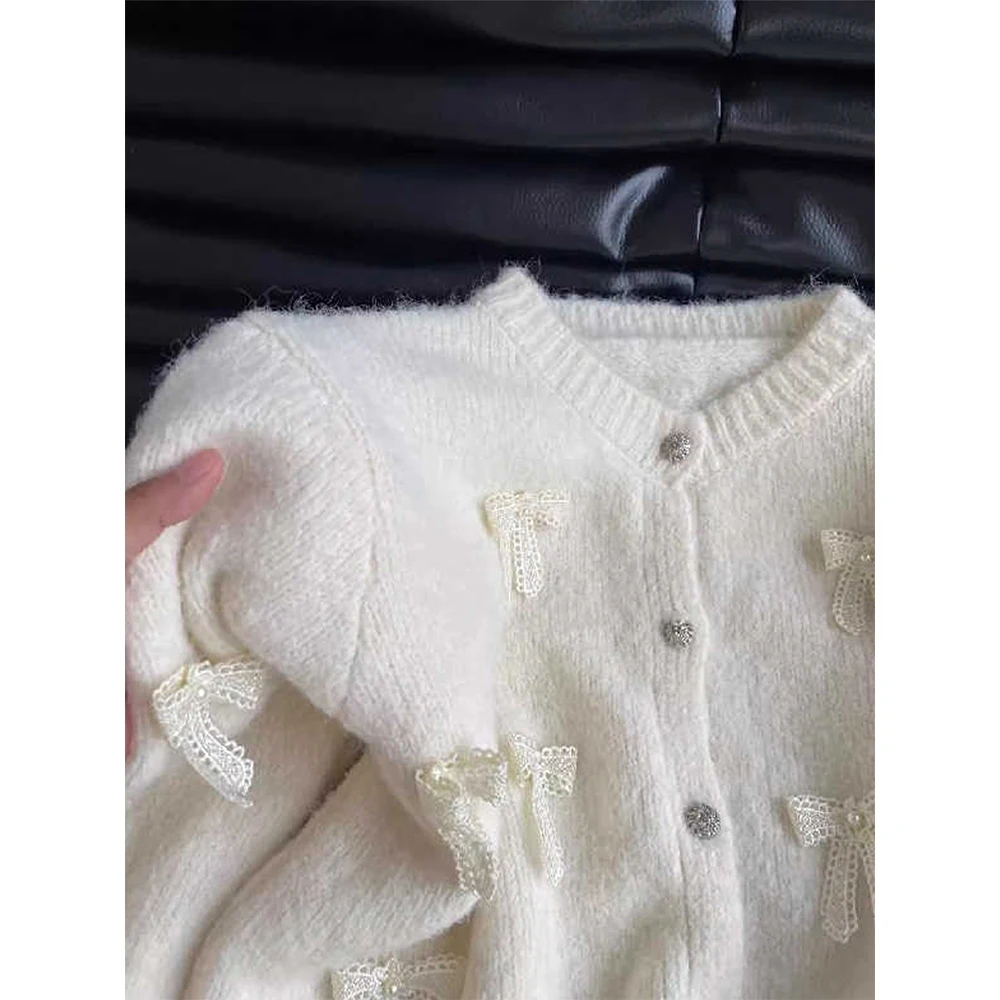 Women's Apricot Bow Cardigan Oversize V-Neck Knit Sweater Harajuku Vintage Loose Y2k Cashmere Japanese Sweater 2000s Autumn 2025