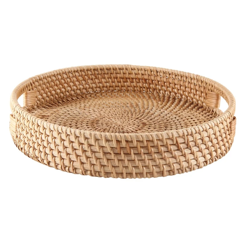 Round Rattan Serving Tray Decorative Woven Ottoman Trays with Handles for Coffee Table Natural(Small)