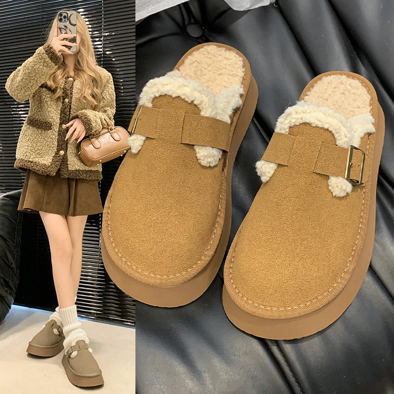 New Luxury Winter Women's Boken Shoes Plush Fashion Retro Bean Shoes Cotton Women's Flat Sole Slippers Platform Women Boots