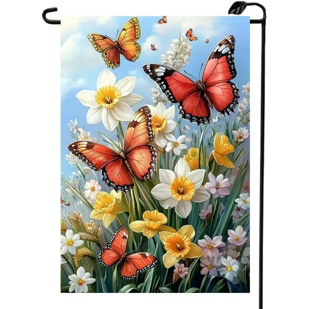 12x18 Double-Sided Linen Summer Garden Flag, Outdoor Butterfly & Flower Porch Decor, Flagpole Not Included