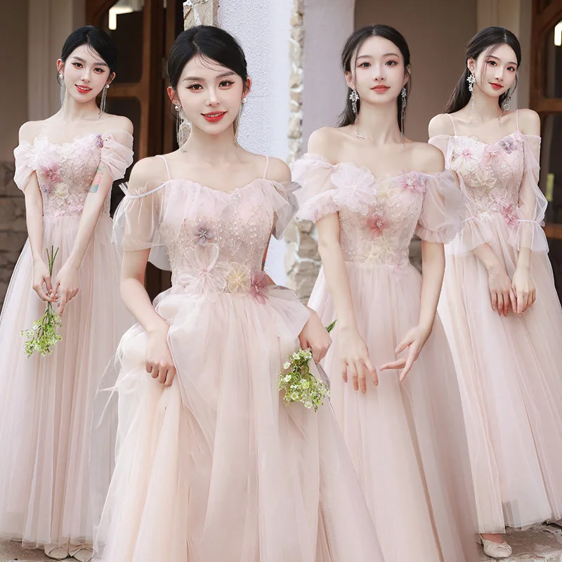 pink-fairy-bridesmaid-dress-tulle-three-dimensional-flower-square-collar-high-waist-ankle-length-dress-elegant-temperament-gown