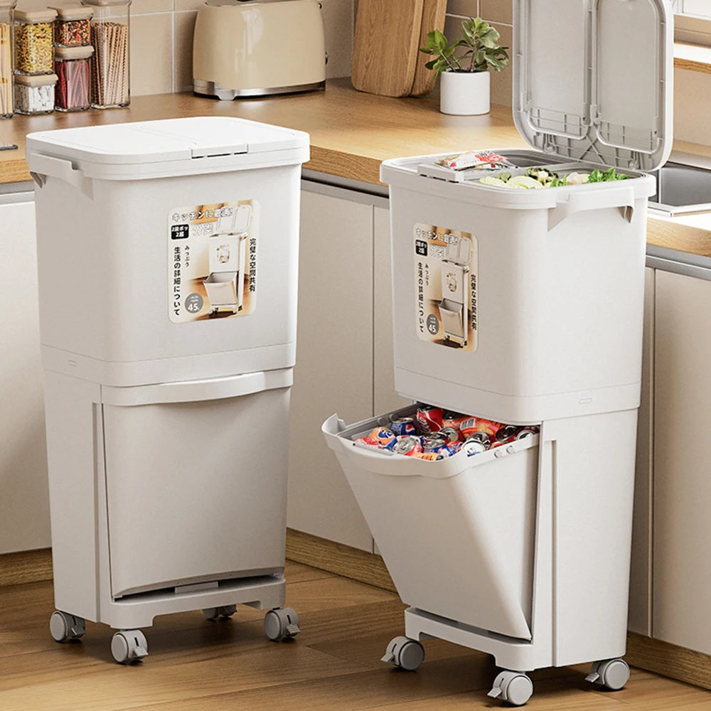 

42l/45l Double-Layer Sorting Garbage Can, Kitchen With Lid, Press Type, Dry And Wet Separation, Large Capacity Garbage Can,White