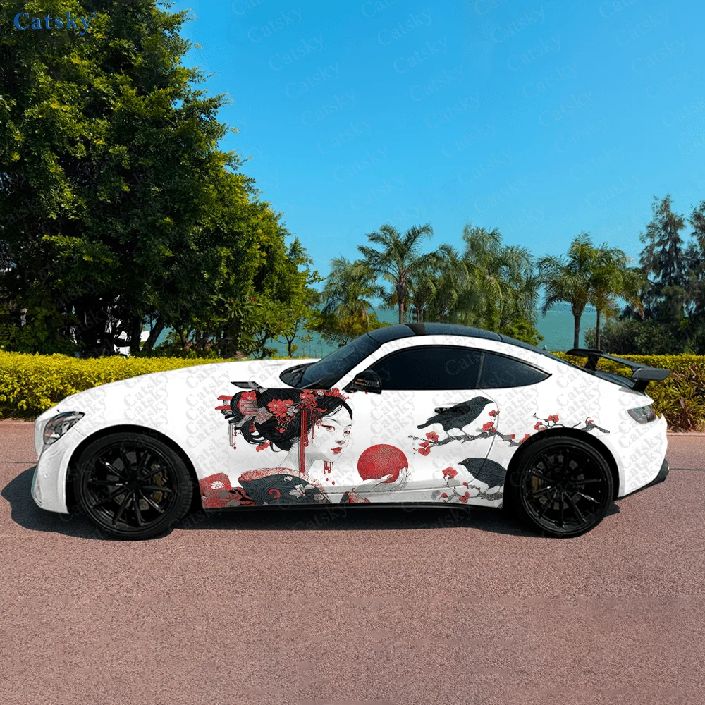 

Traditional Geisha Red Moon Car Side Sticker Decor, PVC Waterproof Scratch Resistant Decal,Car Protection, Auto Accessories Gift