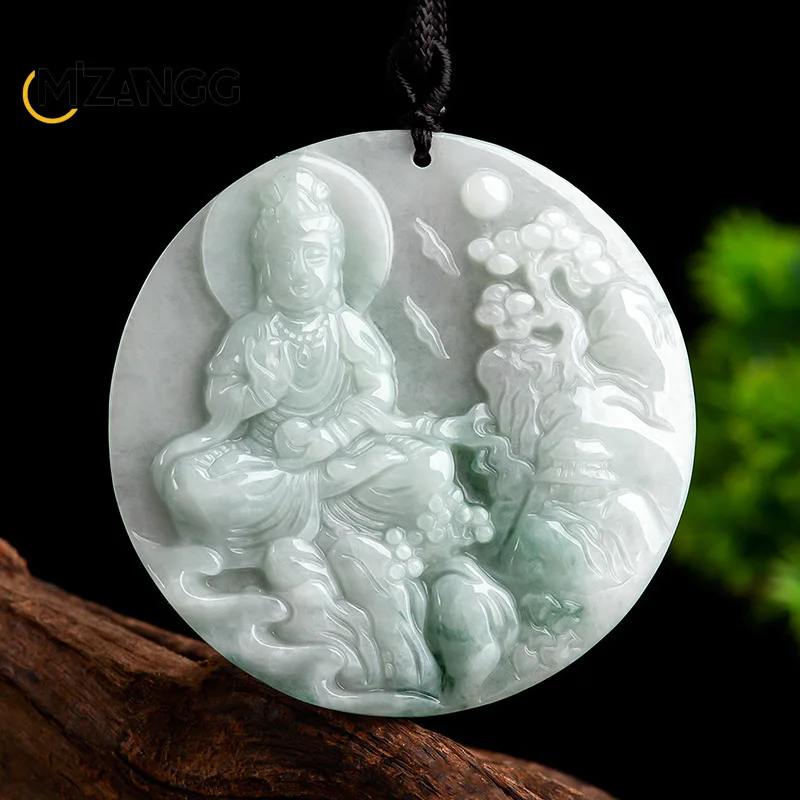 

Natural Myanmar Jadeite Landscape Avalokitesvara Buddha Pendant Exquisite Fashion Jewelry Necklace Gift for Men and Women
