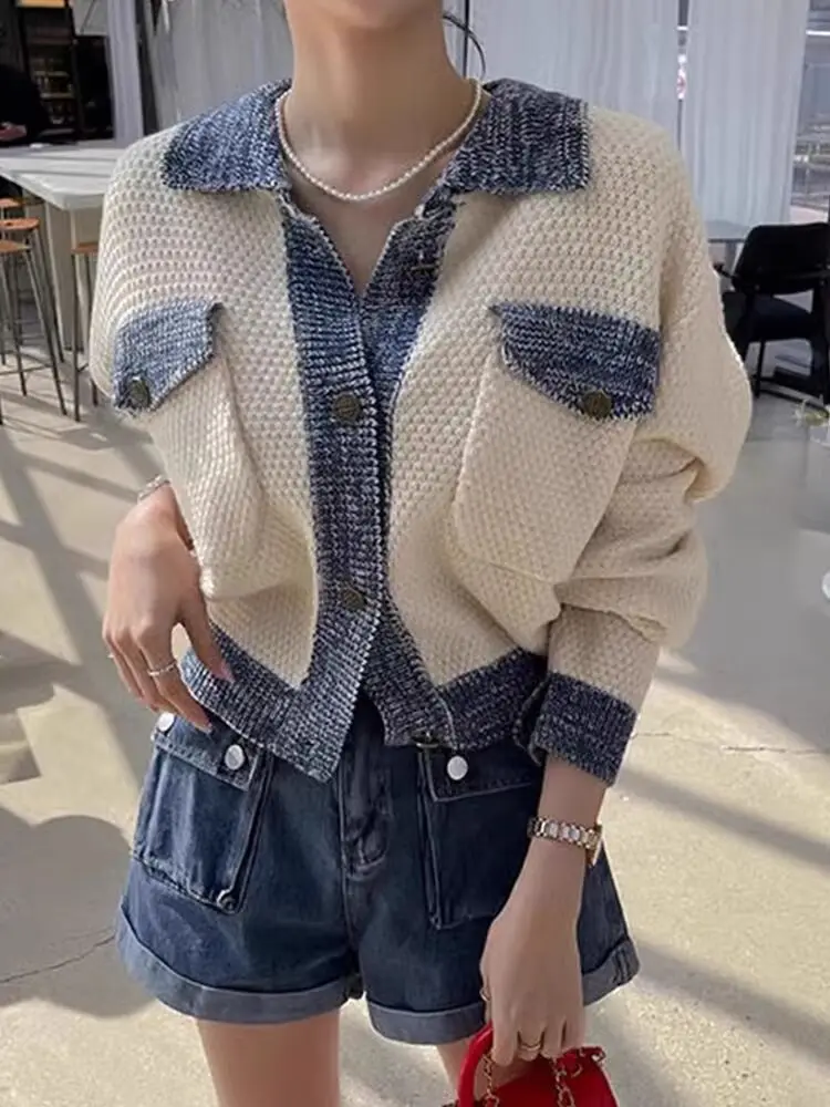 Style coréen offre spéciale Chic couleur bloc tricot ouvert Cardigan à la mode jeune parfum Style printemps automne vêtements d'extérieur col Polo