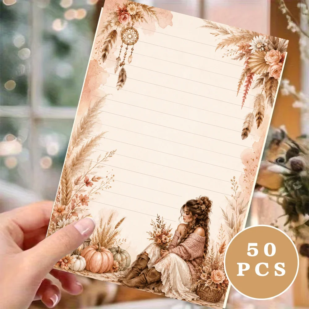 50 Sheets,Bohemian Autumn Girl -themed Writing Paper, Lined, Glue-free, Perfect For Notebooks, Memos, And Stickers