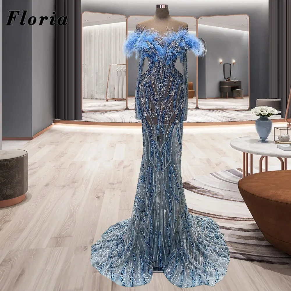 

Full Beaded Blue Beaded Evening Dresses Custom Made Off Shoulder Feathers Celebrity Prom Dress Dubai Engagement Party Dress Robe